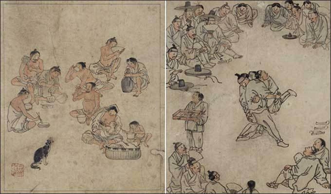 <새참>과 <씨름>. 단원 김홍도는 보통 사람들의 매일 매일의 일상을 그린 이 그림들에 가장 어울리는 기법으로 최소화된 묘사와 채색이라는 방식을 선택했습니다..