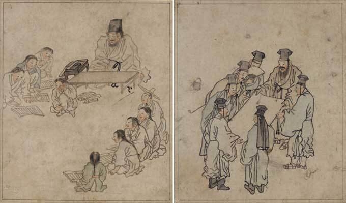 <서당>과 <그림 감상>. 원형 구도로 배치되어 생동감을 자아냅니다.