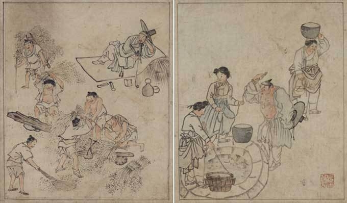 <타작>과 <우물가>. 등장 인물들의 살아있는 듯한 표정과 행동으로 그림 속에 이야기를 배치해 놓았습니다.