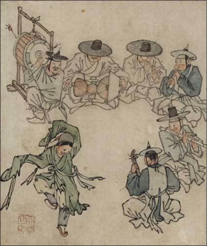 <무동>. 원형구도는 춤과 음악이 한데 어우러지고 있는 순간을 효과적으로 구성해 내는 장치로 사용되고 있습니다.