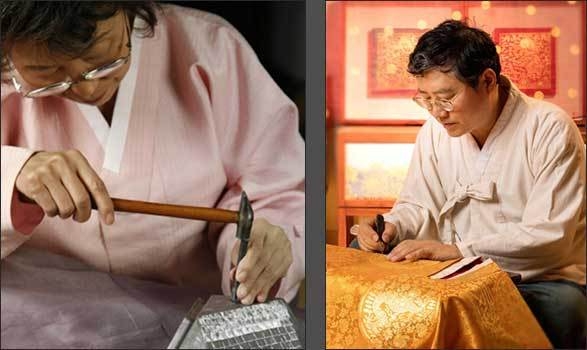 입사장 홍정실 보유자(왼쪽), 금박장 김기호 보유자