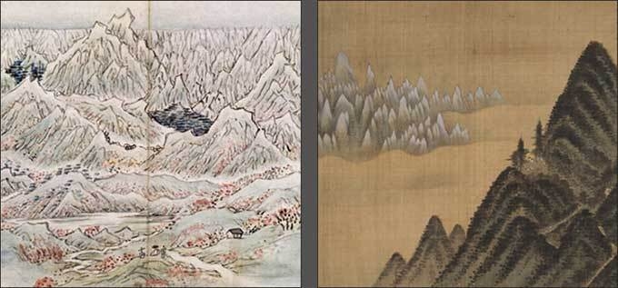 <금강전도> 부분 -왼쪽 / <단발령망금강산도>, 《신묘년 풍악도첩》 제13면, 정선, 조선 1711년