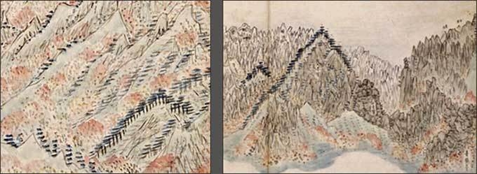<천일대망금산도> 부분, 《해산첩》 제10면 가운데 -왼쪽 / <천일대망금산도> 부분, 《해산첩》 제11면 가운데