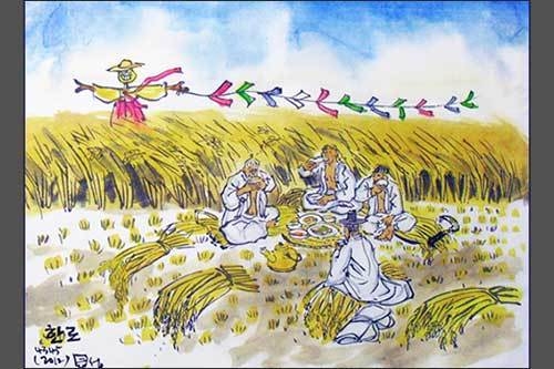 한로 무렵 농부들은 나그네와 막걸리 를 한 잔 했다.(그림 이무성 작가)