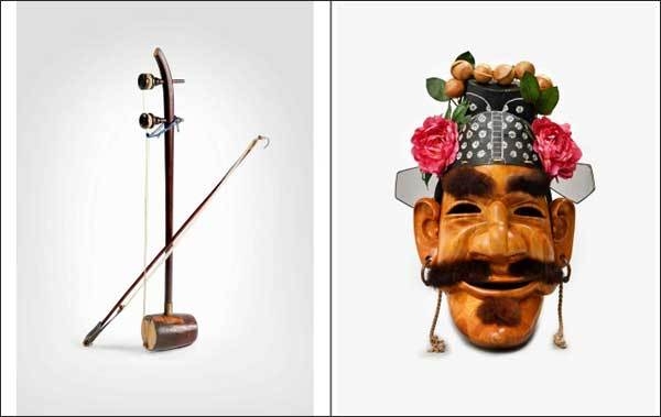 김천흥의 ‘해금’(왼쪽), 김천흥의 ‘처용탈’