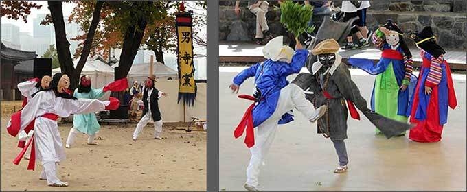 한국 남사당패 덧뵈기 합동무(왼쪽), 한국 노장, 취발이, 소무의 춤, 양주별산대놀이