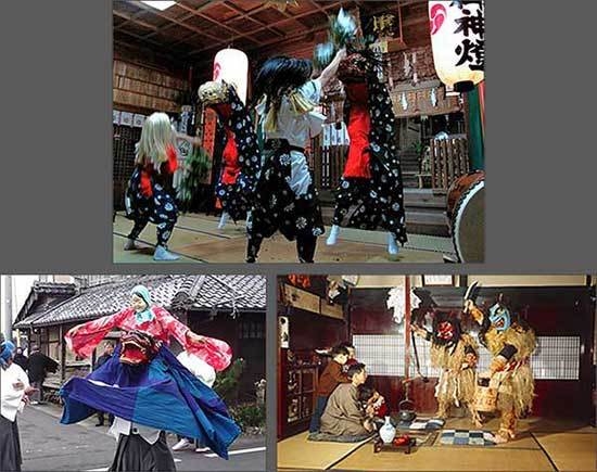 일본 고토 가구라(위), 일본 이세다이 가구라(아래 왼쪽), 일본 내방신 중 나마하게(ナマハゲ)