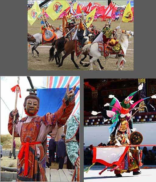 중국 격살이 말등 장희 중 영웅들의 복식(위), 중국 구이저우양극(아래 왼쪽), 중국 격살이 장희 가면