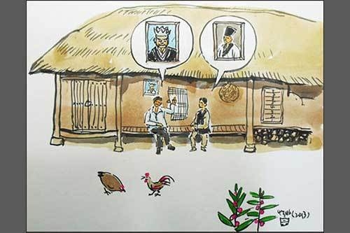 단발령을 내리자, 양반들은 상투를 자르기 전 사진을 찍어두었다.(그림 이무성 작가)