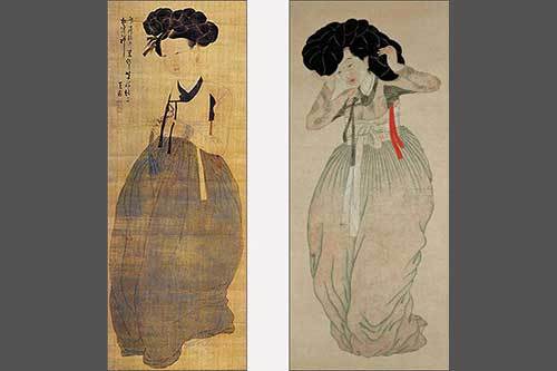 신윤복의 <미인도>, 114.2×45.7㎝, 간송미술문화재단 소장 - 왼쪽 / 공재 윤두서의 손자 윤용의 <미인도>, 117.0×49.0㎝, 해남 녹우당 소장