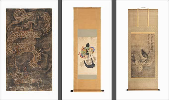 운룡도(雲龍圖), 조선(왼쪽) / 문자도(文字圖), 조선 -가운데 / 약리도(躍鯉圖), 1891
