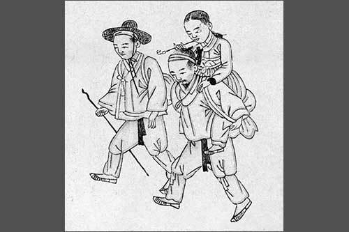 한 여성을 업고 가는 사람을 그렸다. 기산 김준근, 숭실대 한국기독교박물관