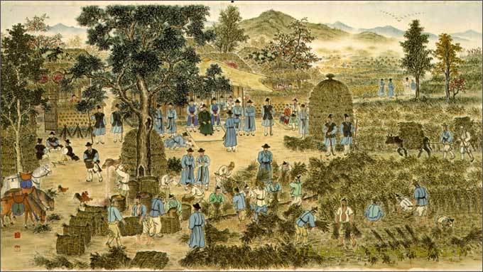 <전제상정도>, 세종 임금의 명으로 하연, 정인지 등이 안산에 가서 조세제도(組稅制度)를 위한 축량을 하는 광경(세종대왕기념사업회 제공)