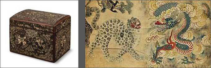 Lot. 125, , mother-of-pearl and carved wood, 17.5×12.3×12.5(h)cm, GoRyeo Period, 3억원~5억원(왼쪽)<br>
Lot. 112, , ink and color on paper, 145×79.6cm, 3억원~3억 5000만원