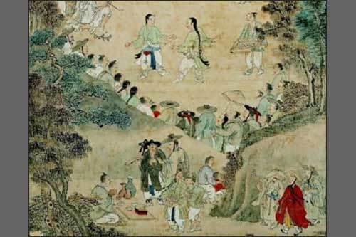 유숙(劉淑)의 <대쾌도(大快圖)> 부분, 서울대학교박물관 소장. 그림 윗부분에 태견하는 모습이 보인다.
