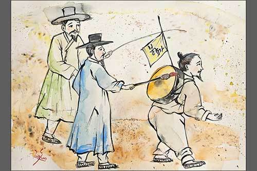 죄를 지은 사람의 등에 북을 달아매고 마을 사람들에게 알리는 조리돌림(그림 오희선 작가)