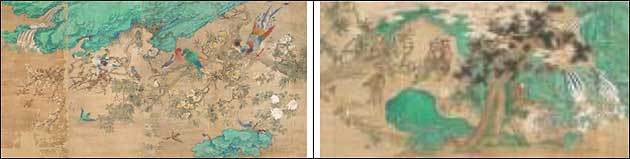 경복궁 교태전 부벽화 <화조도>; 지본채색, 134x263cm, 국립중앙박물관 소장 -왼쪽 / 경복궁 교태전 부벽화 <후원반도도> , 지본채색, 136.5x261.9cm, 국립중앙박물관 소장