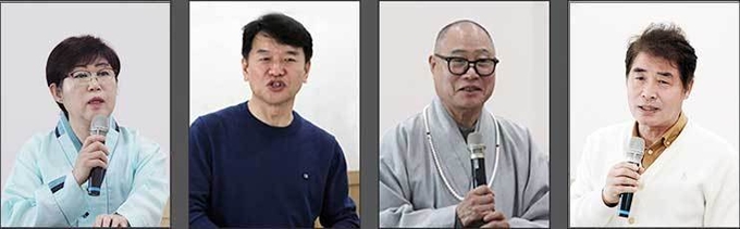 김구응열사 기념조형물 건립추진위원회 위원들이 축사를 하고 있는 모습, 이윤옥 시인, 문진석 민주당국회의원, 김법혜 스님 ㆍ충무공김시민기념사업회장, 전장곤 민주화운동계승사업회장 (왼쪽부터) 