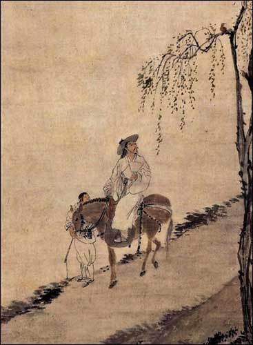 김홍도의 <마상청앵도(馬上聽鶯圖)>, 선비가 버드나무 위 노란 꾀꼬리를 올려다 보다. ⓒ 간송미술관 소장