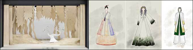 <만신 : 페이퍼 샤먼> 무대모형 ©박동우(왼쪽), <만신 : 페이퍼 샤먼> 의상 디자인 스케치 ©김정향