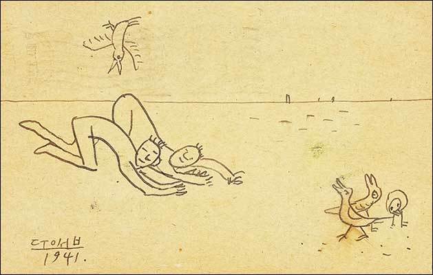 바닷가에서 새와 노는 아이들(엽서화), 1941, 9×14cm, 엽서에 잉크