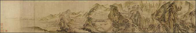 도2. <강산무진도(江山無盡圖)>(두루마리 마지막 부분), 이인문(李寅文, 1745-1824 이후),<br>
조선 18세기 말-19세기 초, 종이에 엷은 색, 덕보물, 도2. <강산무진도(江山無盡圖)>(두루마리 마지막 부분), 이인문(李寅文, 1745-1824 이후),<br>
조선 18세기 말-19세기 초, 종이에 엷은 색, 보물