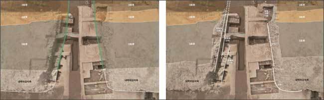 풍납토성 서문터의 완성(초기 모습) -왼쪽, 풍납토성 서문터의 변화(개축과 보수흔적)