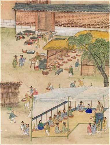 선조 대 경로잔치 음식을 준비하는 주방 그림(宣廟朝諸宰慶壽宴圖), 조선, 1767년, 32.7x25.0cm, 국립고궁박물관