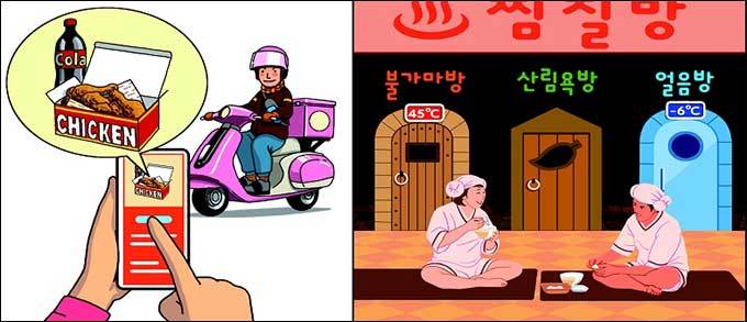 배달 삽화, 국립민속박물관(왼쪽), 찜질방, 국립민속박물관