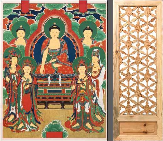 (모사) 해남 대흥사 영산회상도(靈山會相圖) - 왼쪽, (소목) 솟을모란꽃살문
