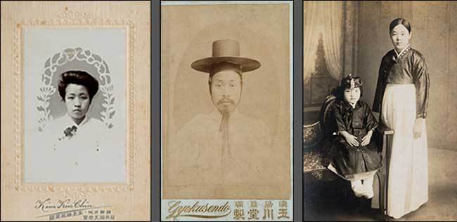 <천연당사진관의 여성 사진(1920년대, 세로 13.2 가로 9, Joseph H. Owens기증-왼쪽)>, <김교헌 초상 사진(일제강점기, 세로 10.5 가로 6.5 -가운데)>, <이길영과 자녀 사진(일제강점기, 세로 10.3 가로 7.5)>