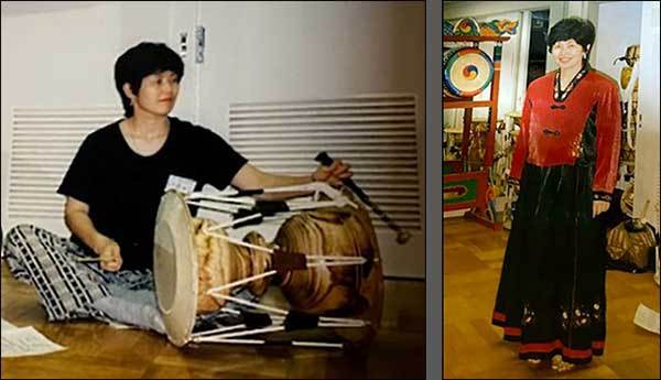 기모노를 기증한 이토 노리코 씨가 한국의 장고를 배우고 생활 한복을 입은 모습(2000년대)