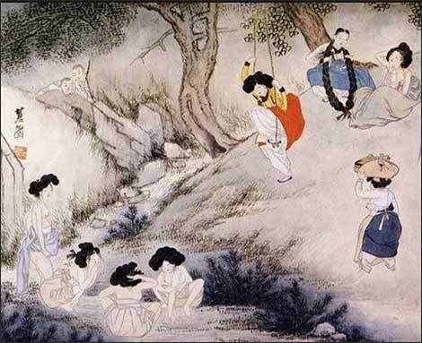 혜원 신윤복의 <단오풍정>, 그네뛰기와 창포물에 머리감는 모습이 나온다.