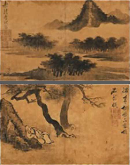 Lot. 75, 경암 이익주, 1684-1739 이후, <산수도> 41×25.7cm, 1736 -위, <송하인물도>40.7×25.5cm