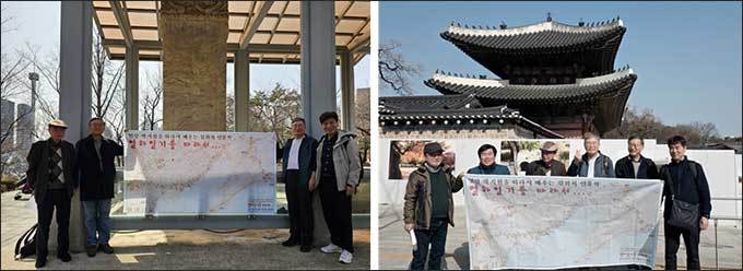 석촌호수 서호의 ‘삼전도비’(왼쪽), 돈화문 앞에서 출발 재현식