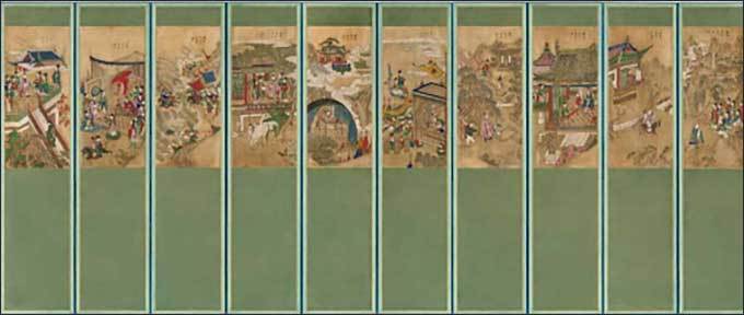 <구운몽도 병풍 九雲夢圖 屛風> 조선, 19세기, 비단에 채색, 각 폭 150.7x35.8cm, 그림 67.9x31.0cm 포틀랜드미술관(Portland Art Museum)