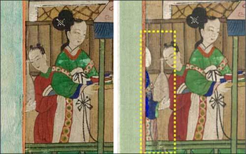 장황 직물에 가려져 있던 그림이 발견되어, 화면을 넓혀 그림이 드러나도록 새롭게 장황함 (왼쪽: 보존처리 전, 오른쪽: 보존처리 후)