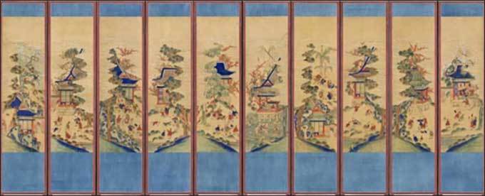 백동자도 병풍 百童子圖 屛風 조선, 19~20세기, 비단에 채색, 각 폭 141.5x34.5cm, 그림 98.0x30.4cm 덴버미술관(Denver Art Museum)