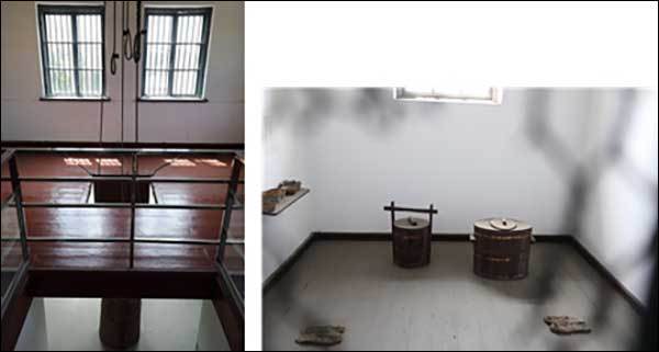 사형대(왼쪽), 철망 사이로 보이는 감옥 내부