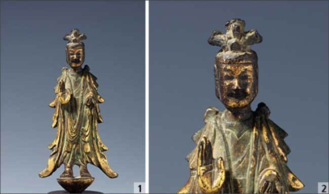 1. 금동보살입상, 삼국시대 6세기, 높이 12cm, 보물 / 2. 금동보살입상의 세부(우리나라에 전하는 가장 이른 시기의 보살상 가운데 하나로 삼국시대 초기 불교 조각의 양상을 잘 보여주는 중요한 상입니다.