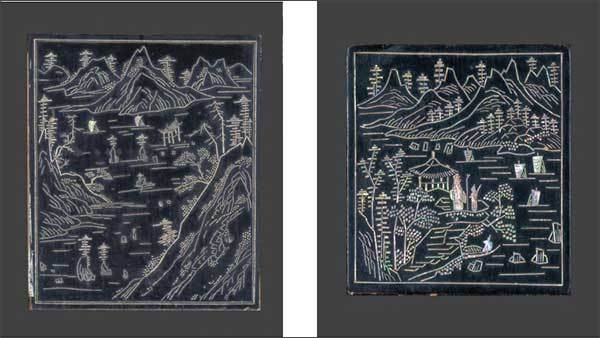 ‘나전산수무늬삼층장’의 산수문(오른쪽면 1층) - 왼쪽, ‘나전산수무늬삼층장’의 산수인물문(정면 왼쪽 부분)