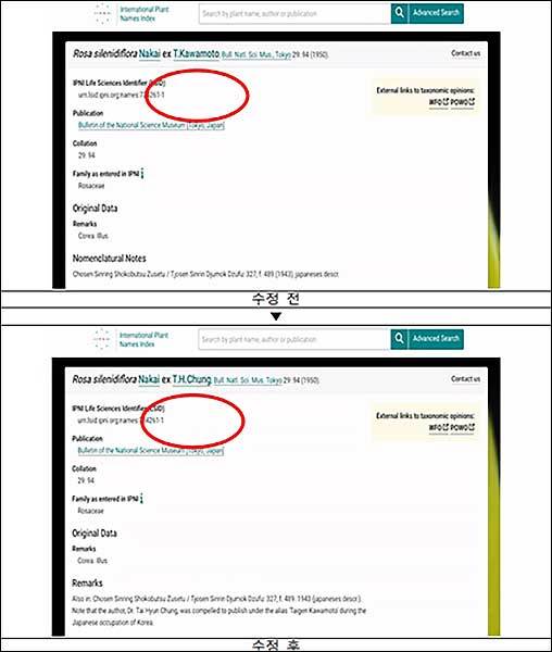 국제 식물명 색인(International Plant Names Index, IPNI)에서 정식으로 수정된 명명자 이름의 바로잡기 사례. 정태현 교수가 신종으로 발표한 민생열귀나무의 학명이 국가수목유전자원목록심의회 이후 Rosa silenidiflora Nakai ex T. Kawamoto(수정 전)에서 Rosa silenidiflora Nakai ex T. H. Chung 로 정정되었다.