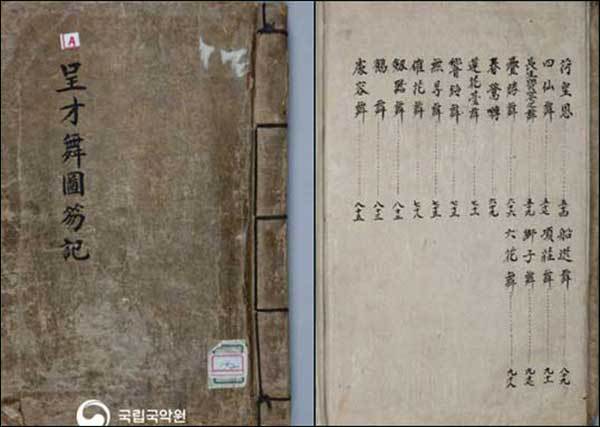 《정재무도홀기(呈才舞圖笏記)》 표지와 목차, 국립국악원 국악박물관 소장