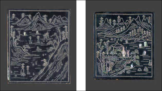 ‘나전산수무늬삼층장’의 산수문(오른쪽면 1층) - 왼쪽, ‘나전산수무늬삼층장’의 산수인물문(정면 왼쪽 부분)