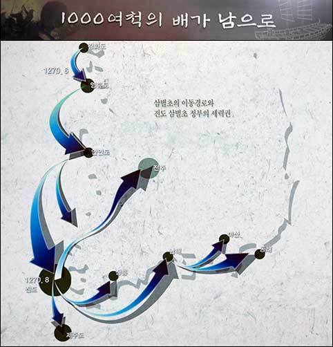 삼별초 군대는 강화에서 진도 용장성으로 1,000척의 배로 이동한다. (진도 용장사 전시실서 찍음)