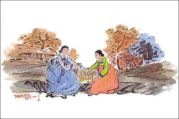 시집간 딸과 친정어머니가 한가위가 지난 뒤 만나는 ‘반보기’(그림 이무성 작가)