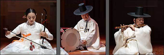 김정림(해금), 장준호(장구), 원완철(대금) 연주 모습(왼쪽부터)