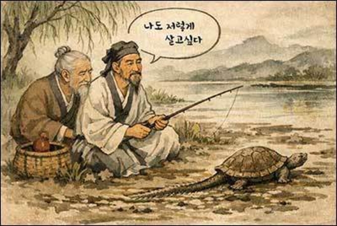 진흙 속에 꼬리를 끌고 가는 거북이의 삶